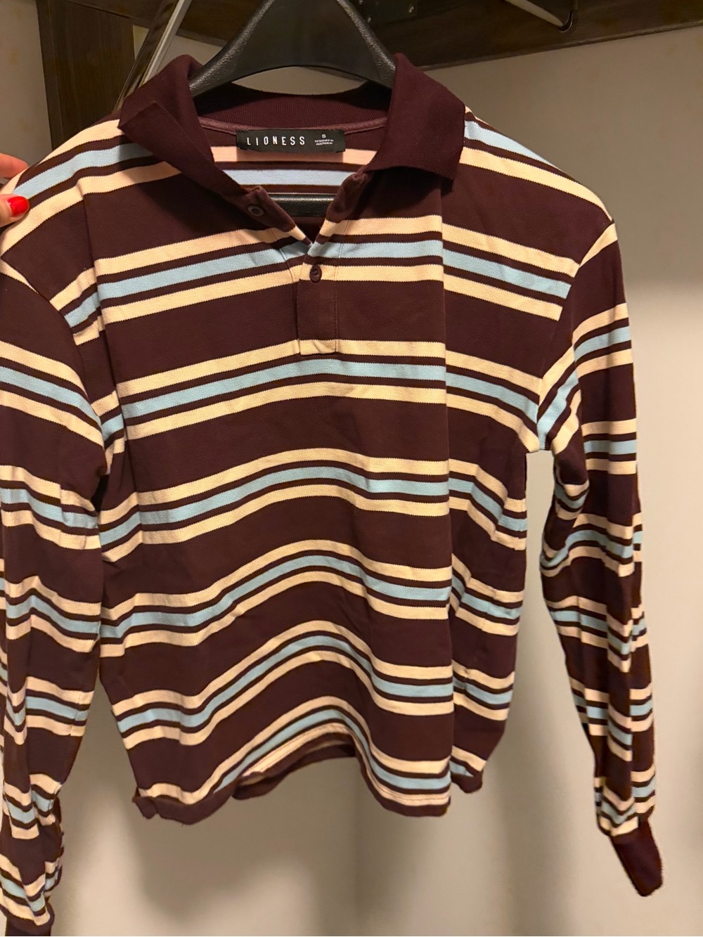 Lioness Burgundy Striped Polo with Cream & Light Blue Bands